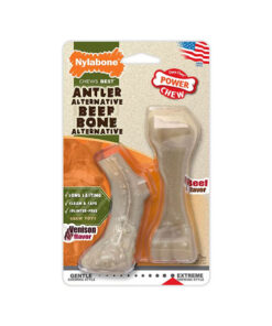 NYLABONE POWER CHEW ANIMAL PART ALTERNATIVE ANTLER & BEEF BONE TWIN PACK SMALL